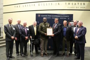 Members of the Class of 1973 present the class resolution on the value of VMI’s education 