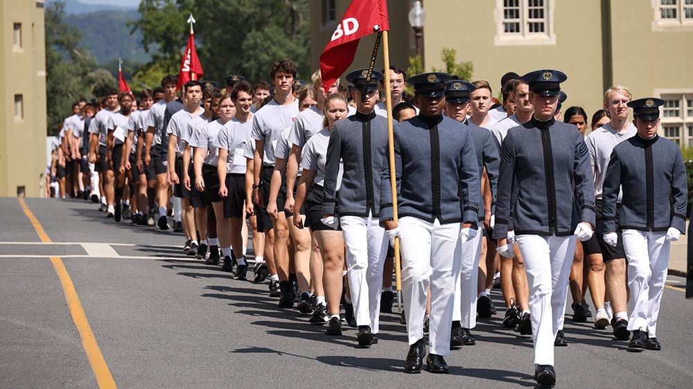 cadets and rats marching toward barracks on Matriculation Day