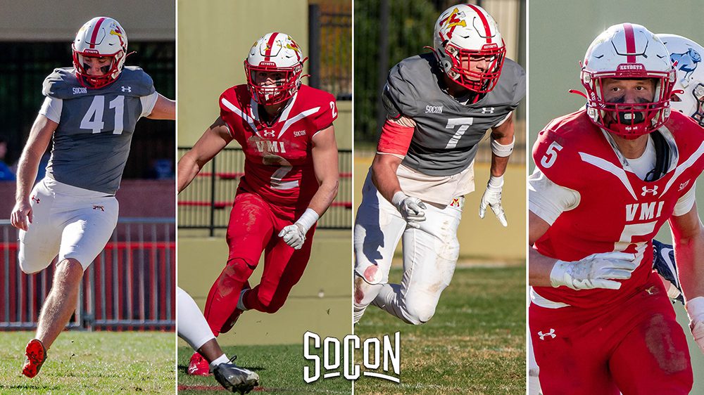 side-by-side photos of four football players mid-play