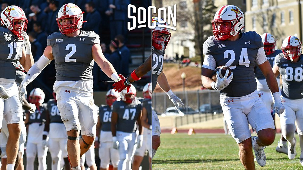 side-by-side photos of two football players mid-play