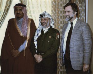 Salman Bin ‘Abdalaziz Al Sa’ud, king of Saudi Arabia; Yasser Arafat, president of the Palestine Liberation Organization; and John Duke Anthony ’62, Ph.D.