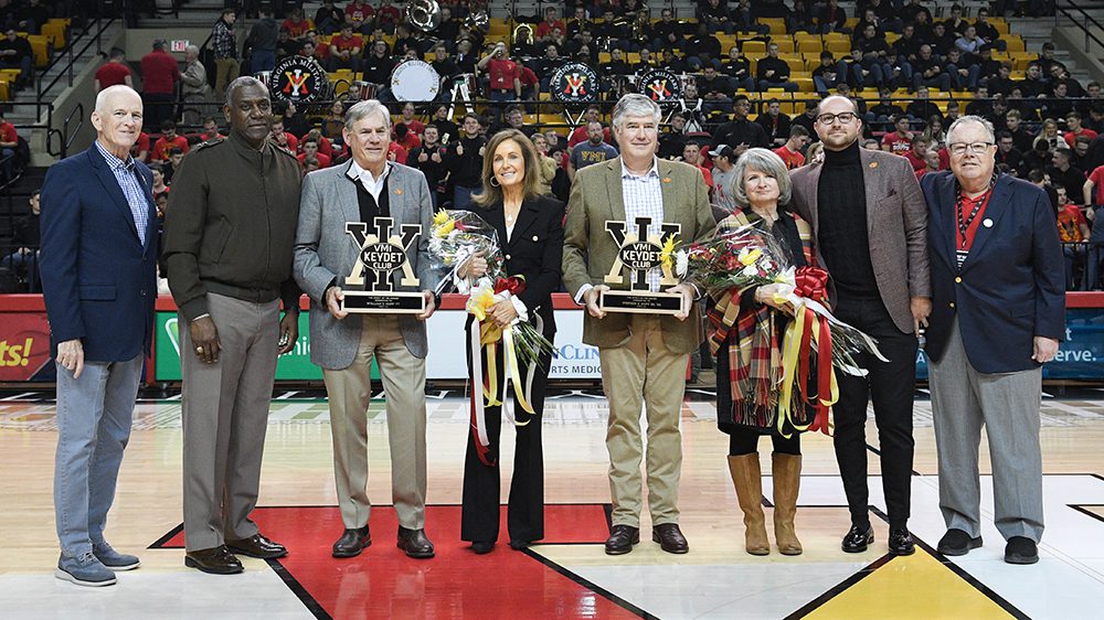 Jim Miller, VMI athletic director; Maj. Gen. Cedric T. Wins ’85, superintendent; Billy Hupp and his wife, Diana Hupp; Steve Hupp and his wife, Renee Hupp; Andrew C. Deal ’12, VMI Keydet Club chief operating officer and Alumni Agencies chief development officer; and Danny Thornton ’78, Keydet Club president