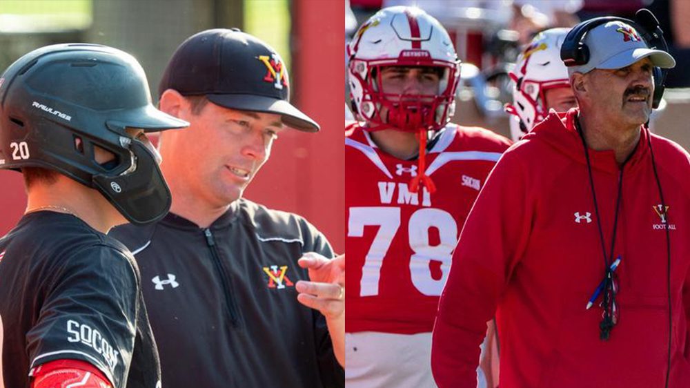 left: VMI baseball coach, Sam Roberts, talking to players. right: VMI football coach Danny Rocco