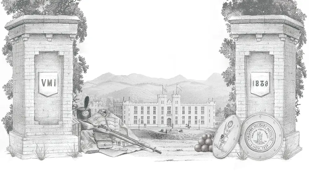black and white hand-sketch of new barracks in background and VMI/1839 gates in foreground. shako, coatee, rifle, cannon balls, and shields with VMI seal also featured in foreground