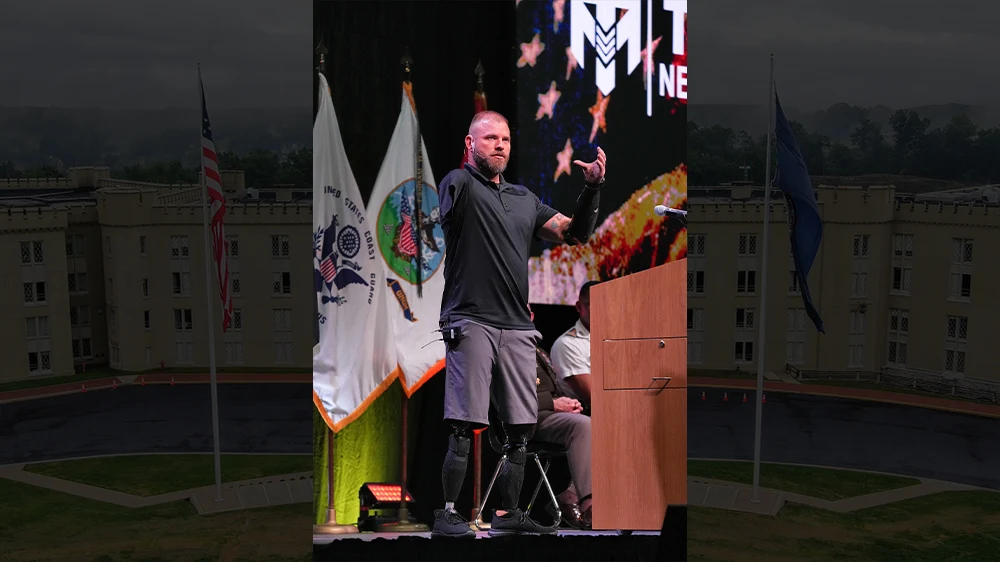 Retired U.S. Army Staff Sgt. Travis Mills speaks in Cameron Hall Oct. 28, 2025