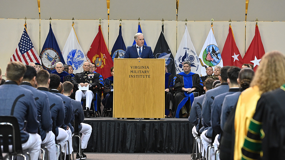Douglas Bradburn, Ph.D., George Washington’s Mount Vernon president and chief executive officer, addresses the Corps of Cadets at VMI’s convocation in Cameron Hall